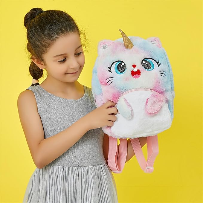 COSSIKA Plush Backpack Sac à Dos en Peluche de Chat de Grands Yeux pour Enfants Sac d'école de Bande dessinée Sac d'épaules de Teinture colorée pour Le Cadeau de Fille Utilisation