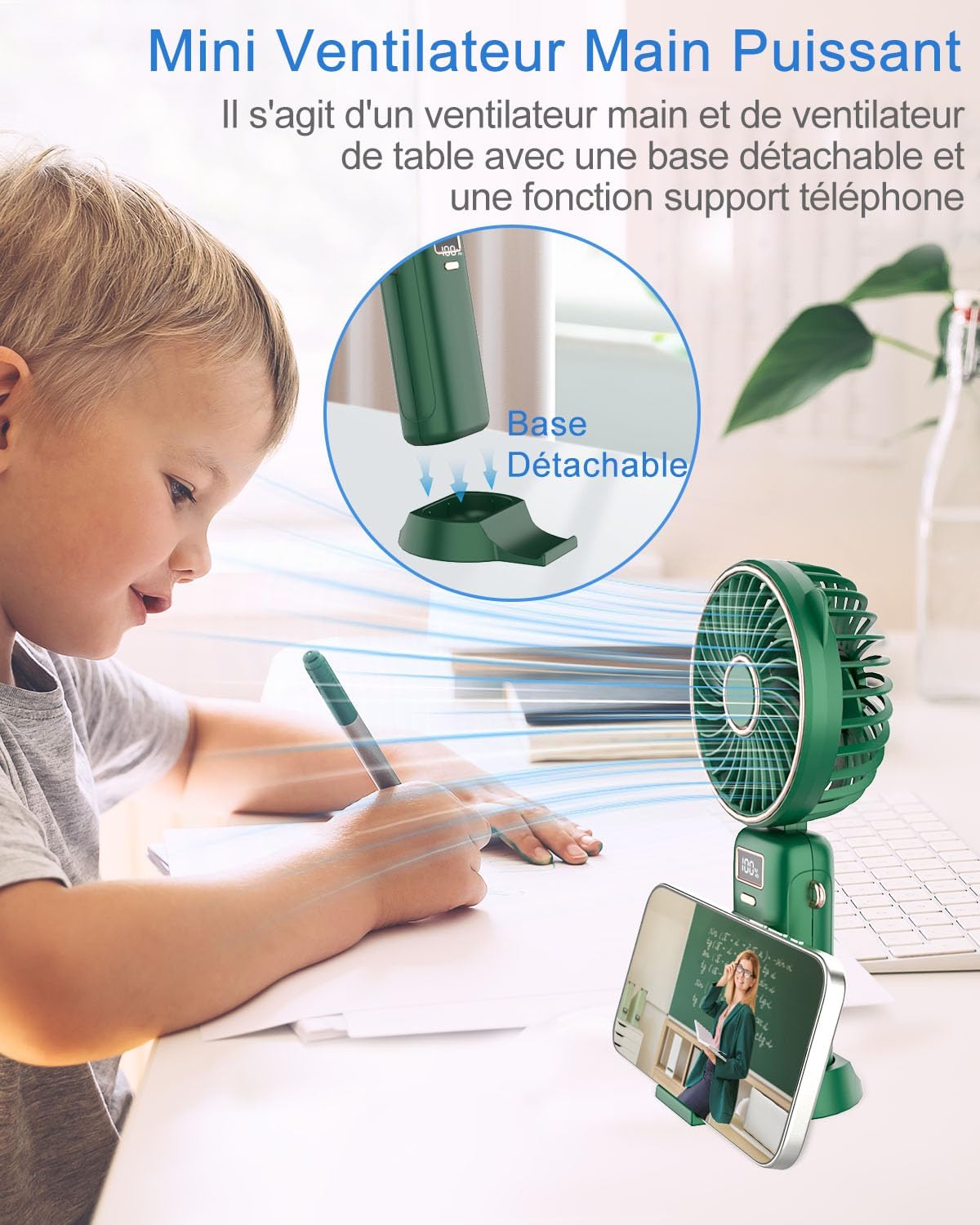 Ventilateur de cou portable avec support de téléphone et écran d'affichage, Mini Ventilateur Portatif,Ventilateur à Main Portable USB , aste par USB, 3000mAh Vert