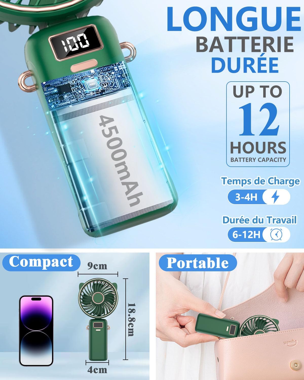 Ventilateur de cou portable avec support de téléphone et écran d'affichage, Mini Ventilateur Portatif,Ventilateur à Main Portable USB , aste par USB, 3000mAh Vert