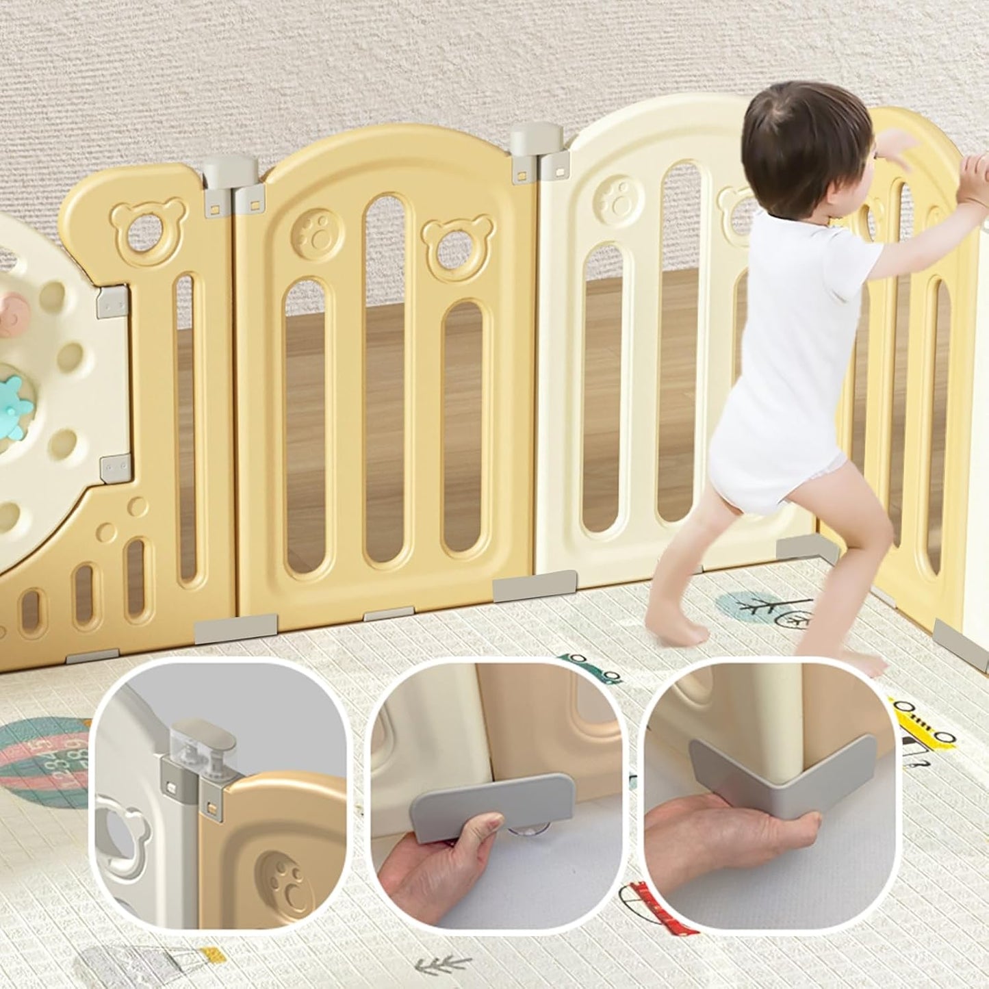 Parc Enfant Modulable Avec Parc Enfant,16+2 Beige Verrouillage de Sécurité, Parc Bebe Pliable Forme Réglable, Tapis de Jeu, Rangement Pliable, Antidérapant, Barriere Bebe