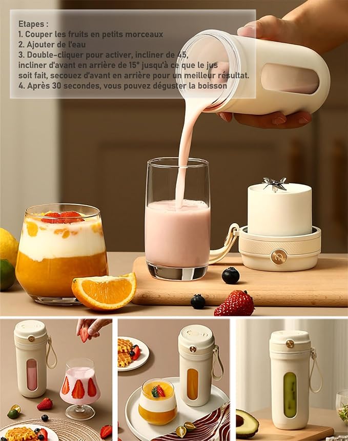 Mixeur Portable de 350 ml, Mini Melangeur à Jus Smoothie 10 Lames, Coupe de Jus Rechargeable USB-C 3000mAh Pour Sport, Gymnase, Bureau, Voyages
