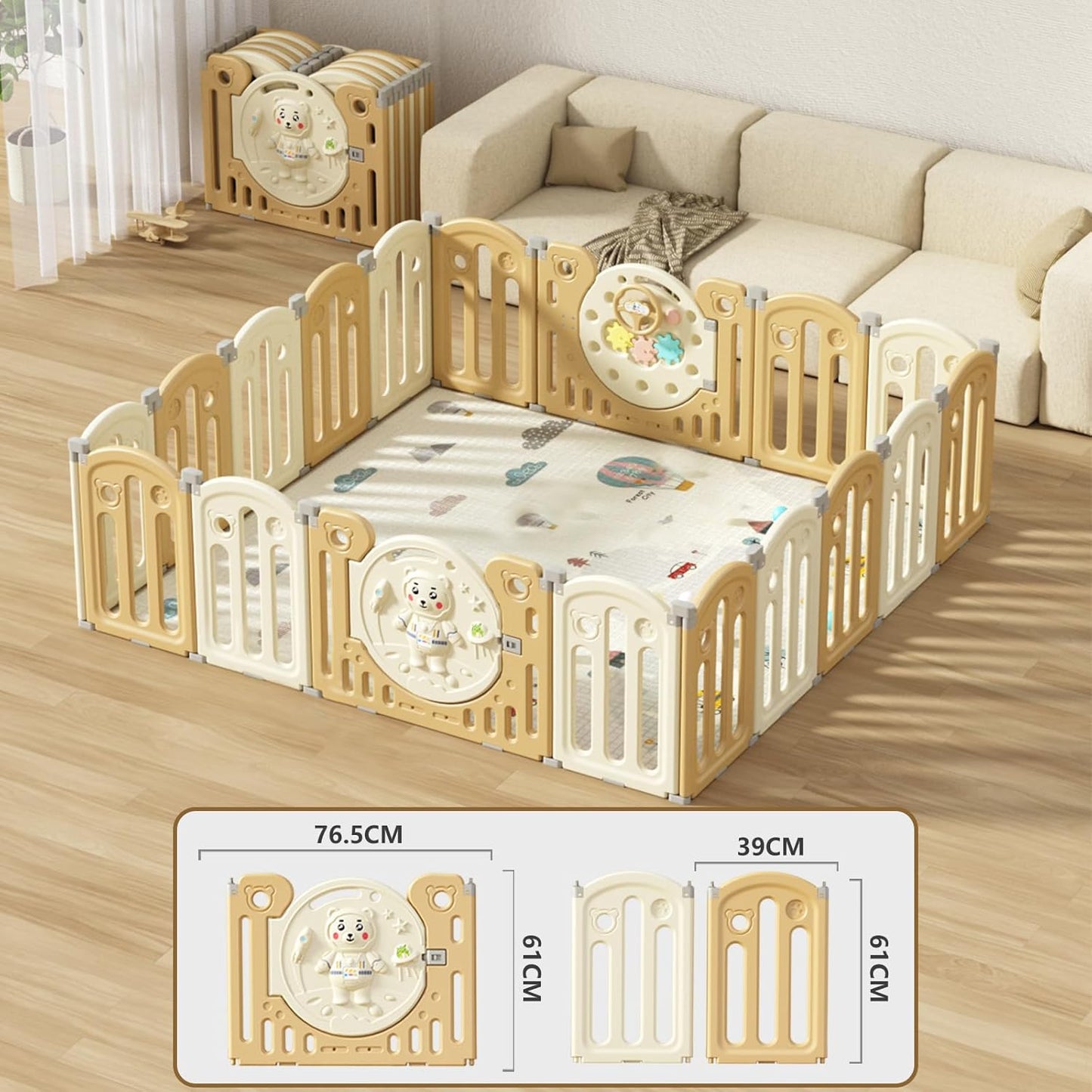 Parc Enfant Modulable Avec Parc Enfant,16+2 Beige Verrouillage de Sécurité, Parc Bebe Pliable Forme Réglable, Tapis de Jeu, Rangement Pliable, Antidérapant, Barriere Bebe