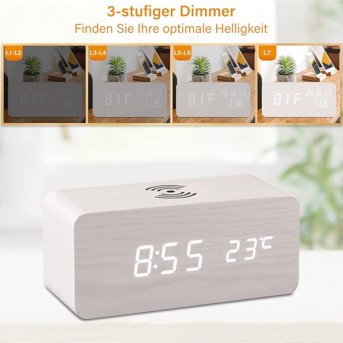 Réveil numérique en bois Charge sans fil Température Rendez-vous Mode nuit Horloge de table 3 Alarme 12 / 24H Horloge LED