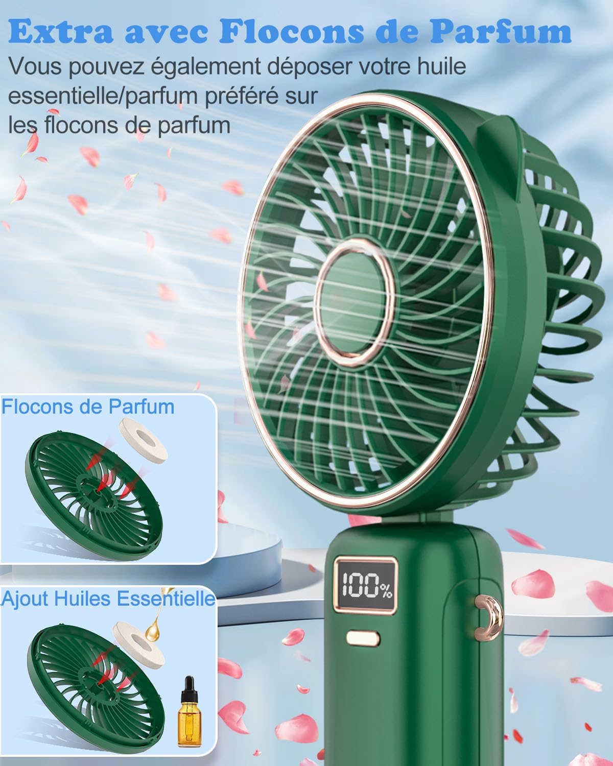 Ventilateur de cou portable avec support de téléphone et écran d'affichage, Mini Ventilateur Portatif,Ventilateur à Main Portable USB , aste par USB, 3000mAh Vert