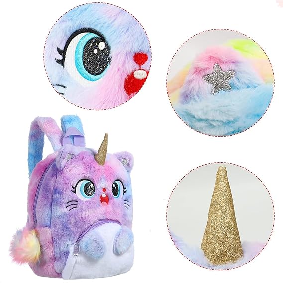 NEEVAS Ensemble sac à dos et sac à main mignon licorne chat kawaii coloré en peluche sac d'école, sac à bandoulière, sac à bandoulière doux, cadeau pour enfants filles