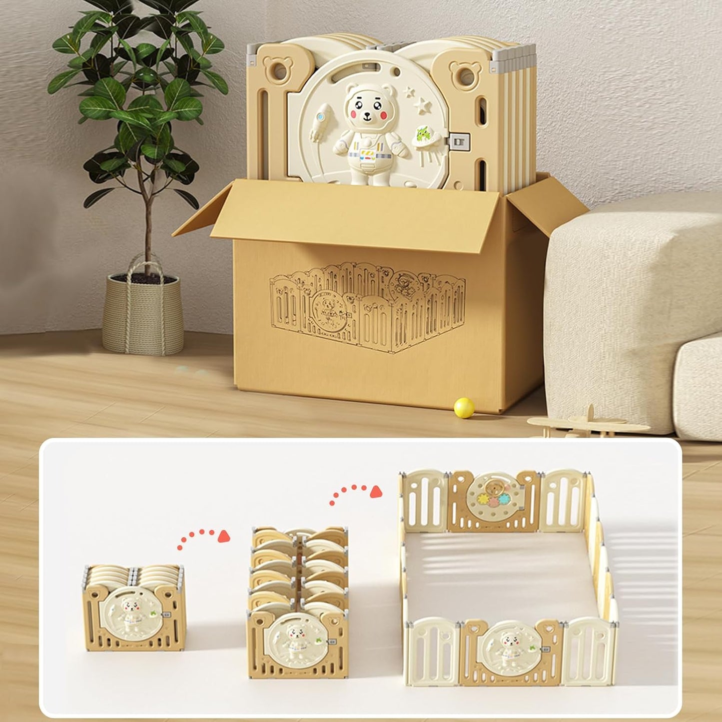 Parc Enfant Modulable Avec Parc Enfant,16+2 Beige Verrouillage de Sécurité, Parc Bebe Pliable Forme Réglable, Tapis de Jeu, Rangement Pliable, Antidérapant, Barriere Bebe