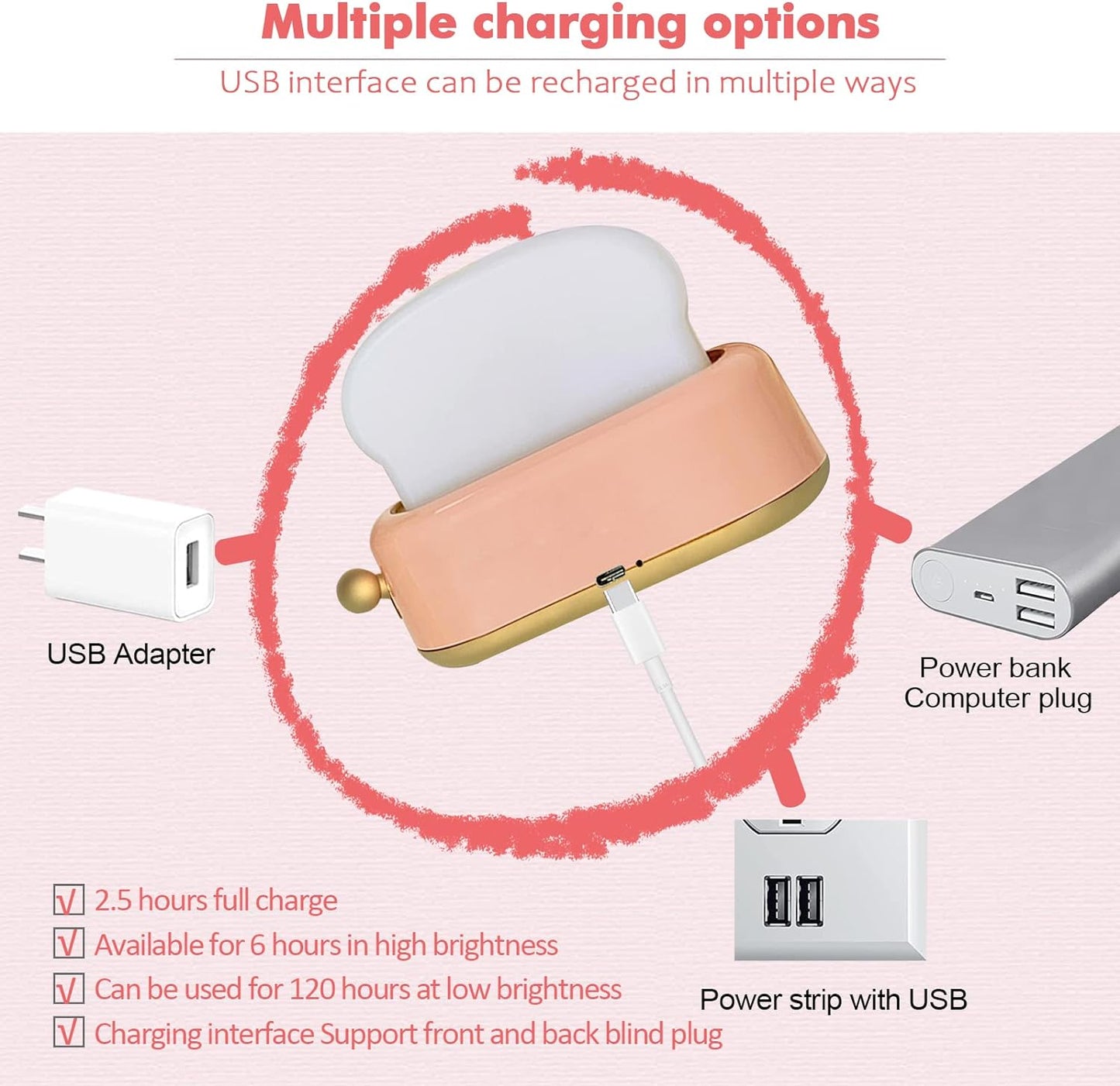 Lampe de nuit à Led, Décor de bureau mignon, lampe grille-pain rechargeable avec minuterie, design créatif, lampe de chevet portable pour bébé, enfant, fille
