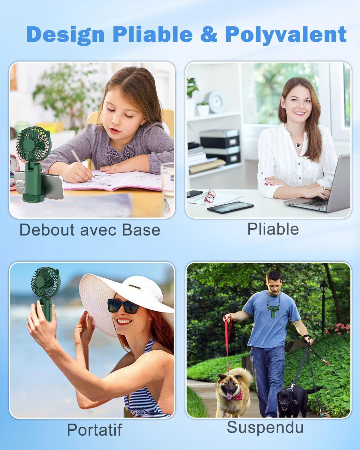 Ventilateur de cou portable avec support de téléphone et écran d'affichage, Mini Ventilateur Portatif,Ventilateur à Main Portable USB , aste par USB, 3000mAh Vert