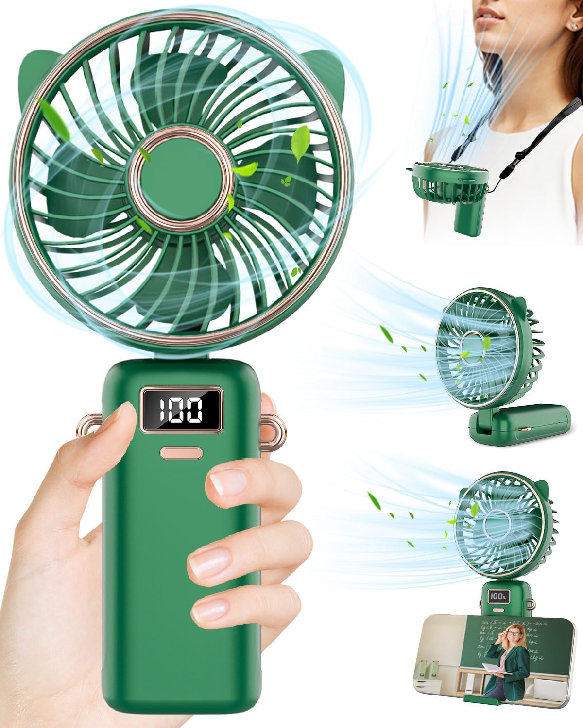 Ventilateur de cou portable avec support de téléphone et écran d'affichage, Mini Ventilateur Portatif,Ventilateur à Main Portable USB , aste par USB, 3000mAh Vert
