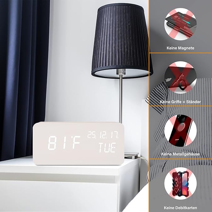 Réveil numérique en bois Charge sans fil Température Rendez-vous Mode nuit Horloge de table 3 Alarme 12 / 24H Horloge LED