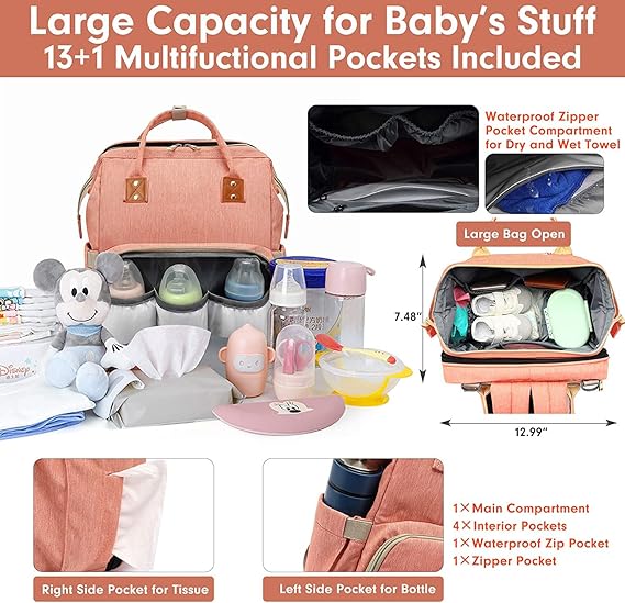 Sac à Dos à Langer pour bébé, Sac de Voyage avec Lit de Bébé Portable, 35L Grande Capacité Sac de Maternité, Sac à Couches Multifonction avec 2 Sangles, Rose