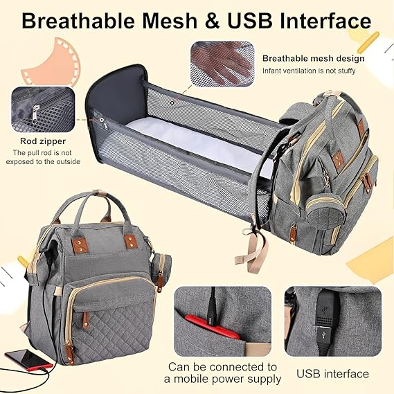 Sac à Dos à Langer pour bébé, Sac de Voyage avec Lit de Bébé Portable, 35L Grande Capacité Sac de Maternité, Sac à Couches Multifonction avec 2 Sangles de Poussette et Berceau