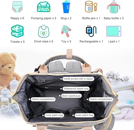 Sac à Dos à Langer pour bébé, Sac de Voyage avec Lit de Bébé Portable, 35L Grande Capacité Sac de Maternité, Sac à Couches Multifonction avec 2 Sangles de Poussette et Berceau