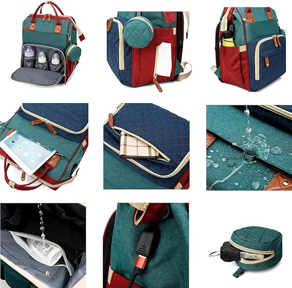 Fexkean Sac à Dos à Langer pour Bébé, Sac à Dos Pour lit bébé, Sac à langer de voyage portable avec lit pliable Grande Capacité Sac à Couches Multifonction Imperméable