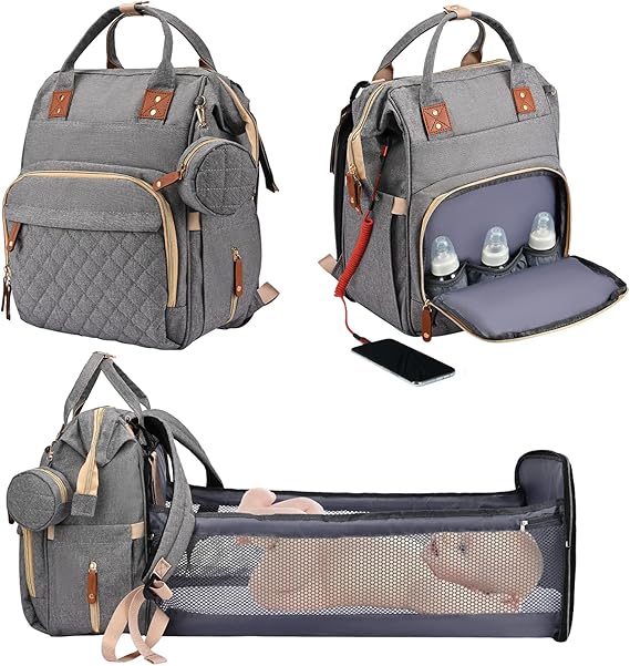 Sac à Dos à Langer pour bébé, Sac de Voyage avec Lit de Bébé Portable, 35L Grande Capacité Sac de Maternité, Sac à Couches Multifonction avec 2 Sangles de Poussette et Berceau