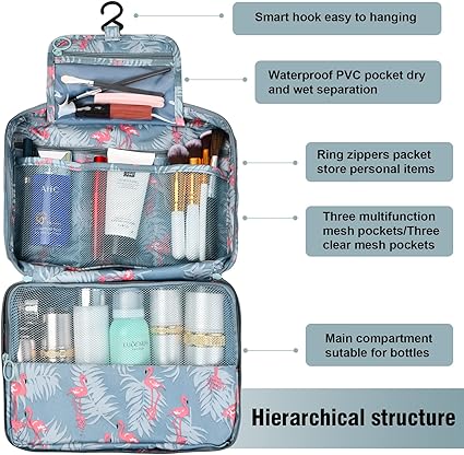 Sac à cosmétiques de voyage Trousse de Toilette Voyage Portable, 25x17x8,5cm, Trousse Maquillage Suspendue avec 4 Compartiments, Sac de Toilette Pliable Étanche Femme Homme, Sac de Cosmétique Grande Capacité pour Make Up