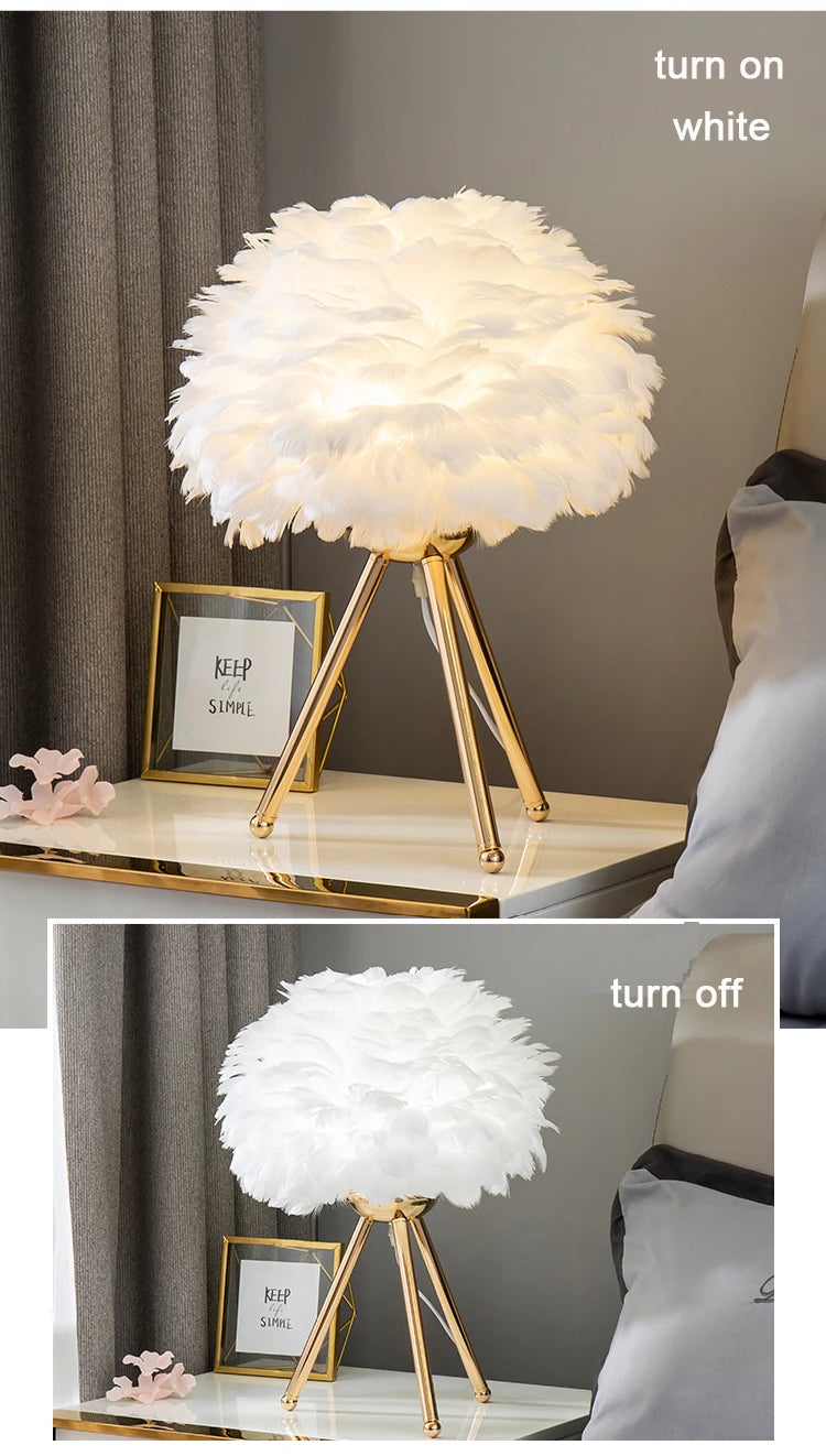 Lampes de bureau Lampe de table de chambre à coucher de plume lampe de chevet moderne salon café de mariage décoration de Noël décoration romantique lampe de plumes d'oie blanc Or