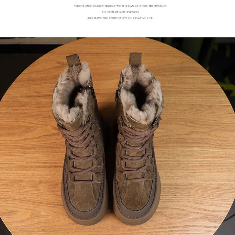 Mode Style Britannique Hiver Nubuck Bottes De Neige Femmes Semelle Épaisse Fourrure En Peluche