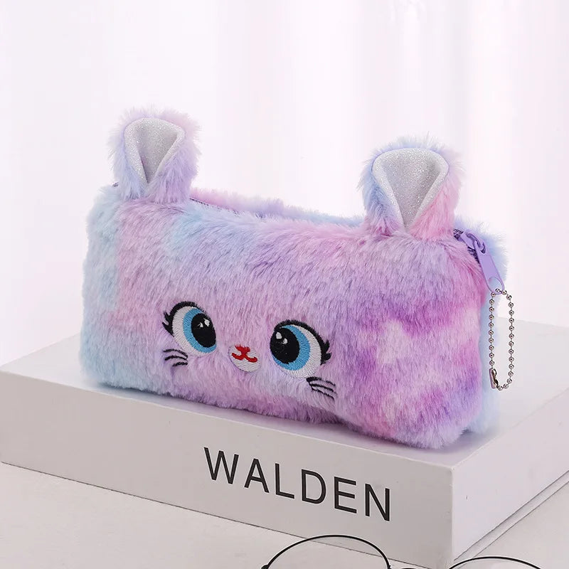 Étui à crayons en peluche kawaii Boîte à stylos mignonne Grande capacité pour les filles Sac de rangement Fournitures de bureau scolaires