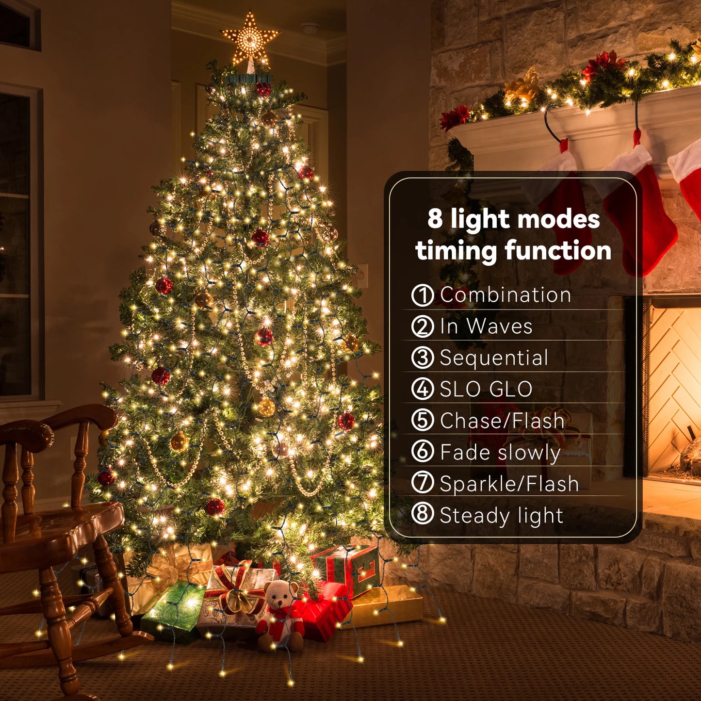 Guirlandes lumineuses de Noël à LED 8 modes d’éclairage Guirlandes lumineuses Lumières de Noël pour fêtes à la maison 400 LED