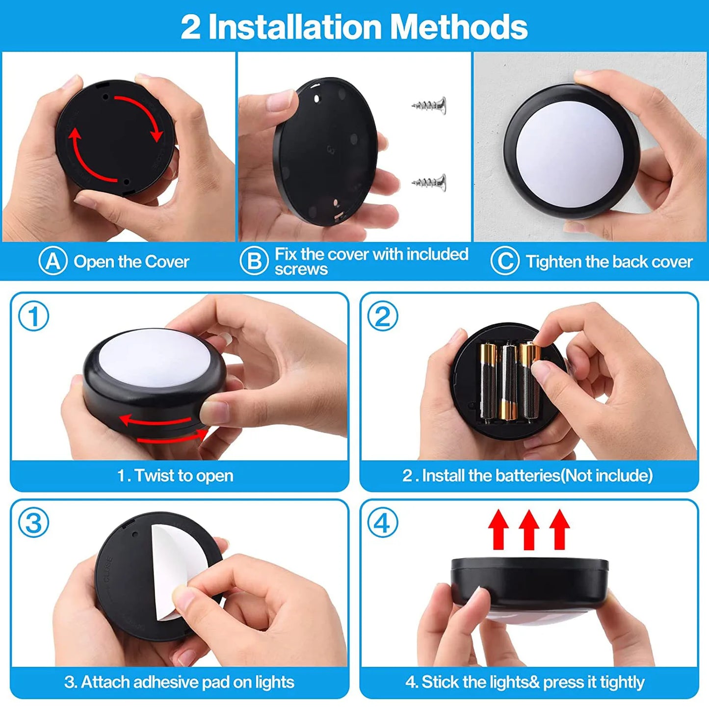 1/2/3/4/6 Pack RGBW LED Puck Lights avec télécommande LED sous l’armoire Lumières de poussée dimmables Lampes sans fil sans fil sous le comptoir pour armoire de cuisine