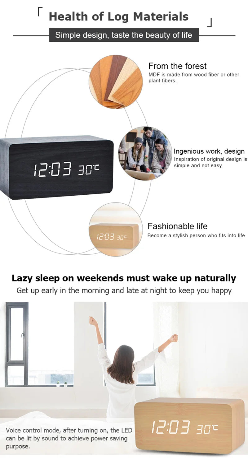 Réveil numérique Horloge de table LED en bois avec température pour chambre à coucher Bureau de voyage