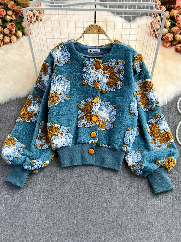 Veste Courte à Manches sulfet Col Rond pour Femme, Vêtement à Boutonnage Simple, Style Rétro, Fleur Tridimensionnelle