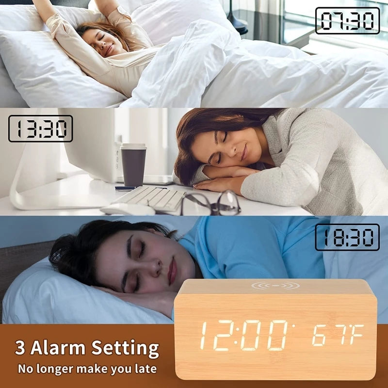 Réveil numérique en bois Charge sans fil Température Rendez-vous Mode nuit Horloge de table 3 Alarme 12 / 24H Horloge LED
