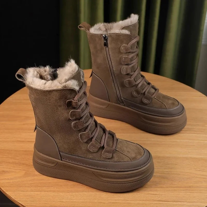 Mode Style Britannique Hiver Nubuck Bottes De Neige Femmes Semelle Épaisse Fourrure En Peluche