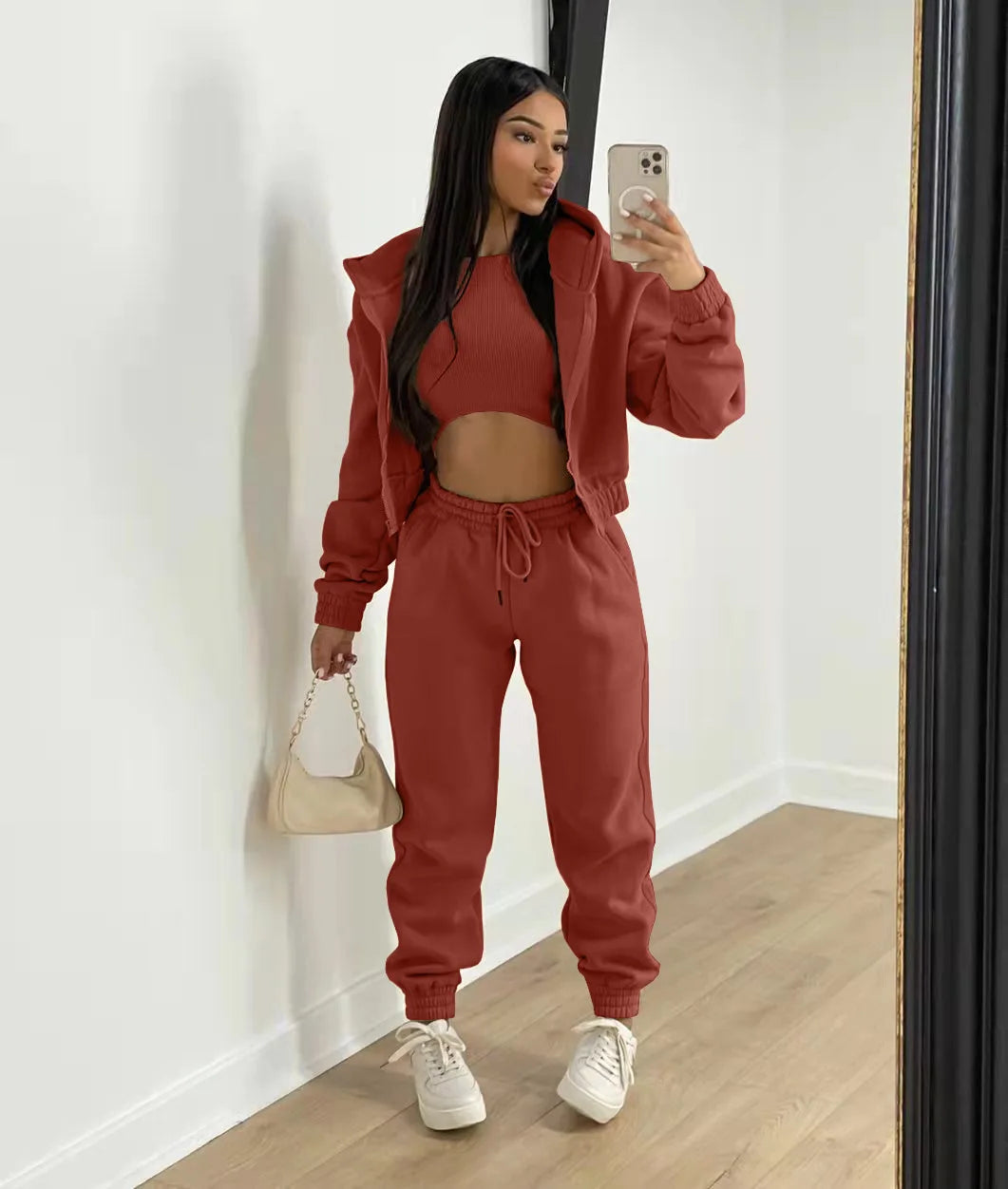 3pcs Ensemble de vêtements pour femmes Pull à capuche doublé de polaire , survêtement de sport