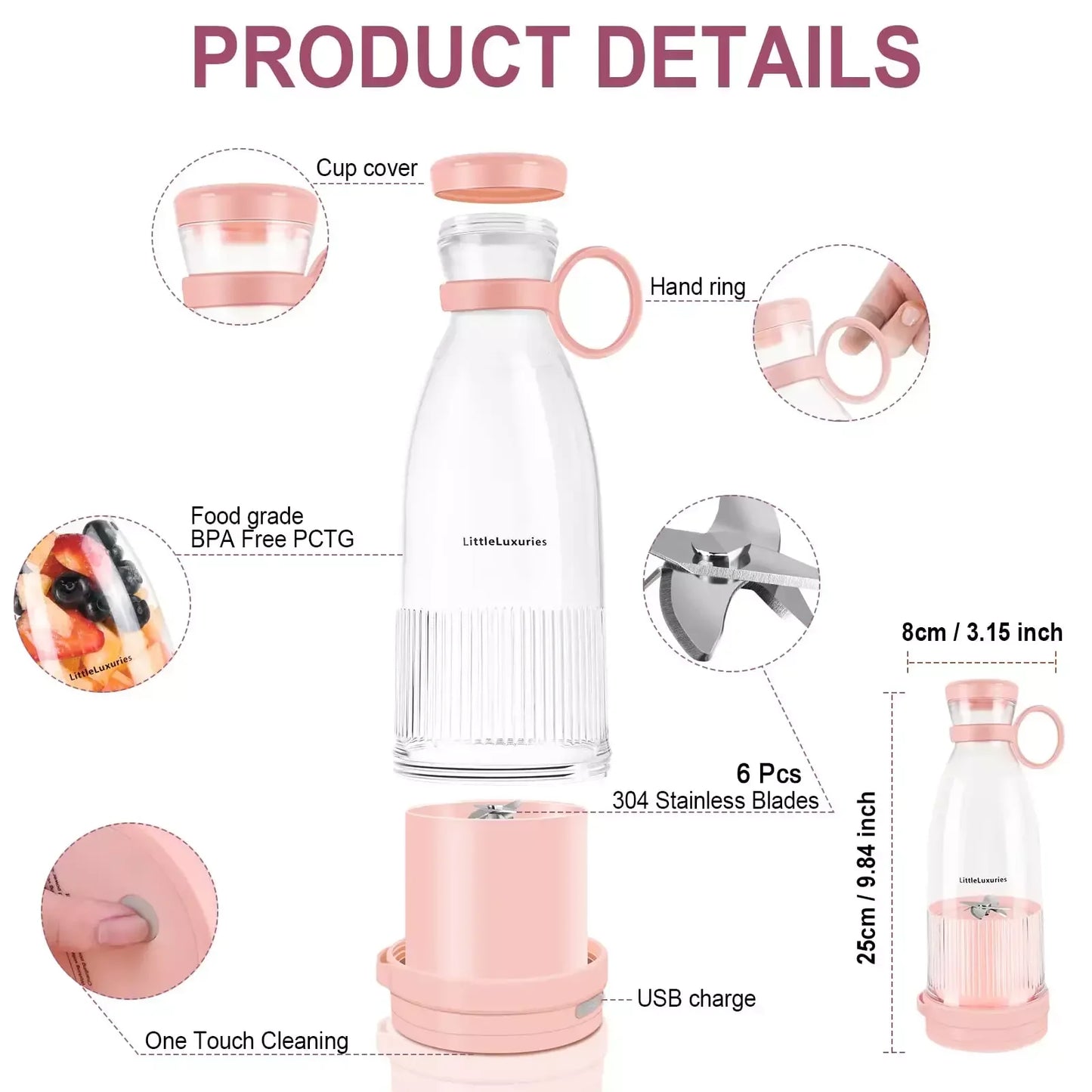 Mélangeur Portable,Blender Smoothie,380ml Mini Mixeur avec USB Rechargeable,Fresh Juice Blender,Jus de Fruits Blender Smoothie avec 6 lames super tranchantes pour Cuisine