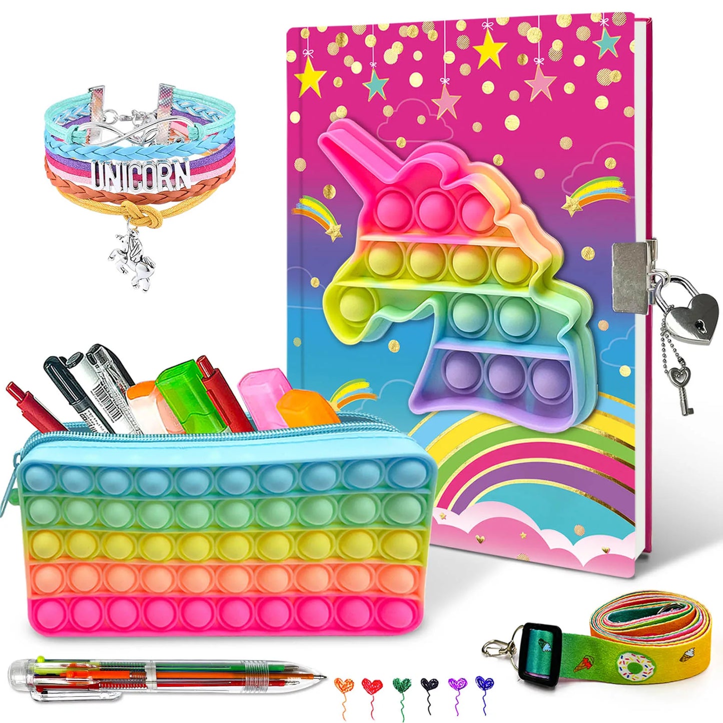 Cahier Pop pour Enfants, Fidget Journal Set Comprend Agenda avec serrure Bracelet de mode rose 6 Stylo à bille multicolore