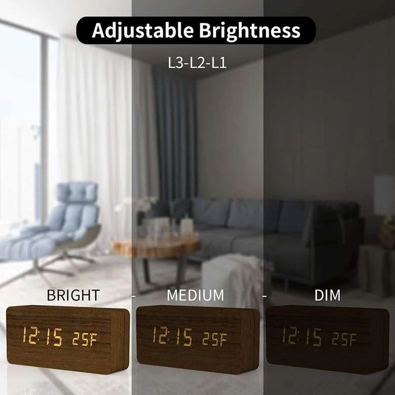 Réveil numérique Horloge de table LED en bois avec température pour chambre à coucher Bureau de voyage