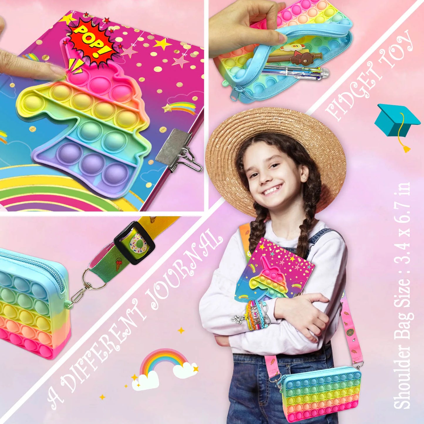 Cahier Pop pour Enfants, Fidget Journal Set Comprend Agenda avec serrure Bracelet de mode rose 6 Stylo à bille multicolore