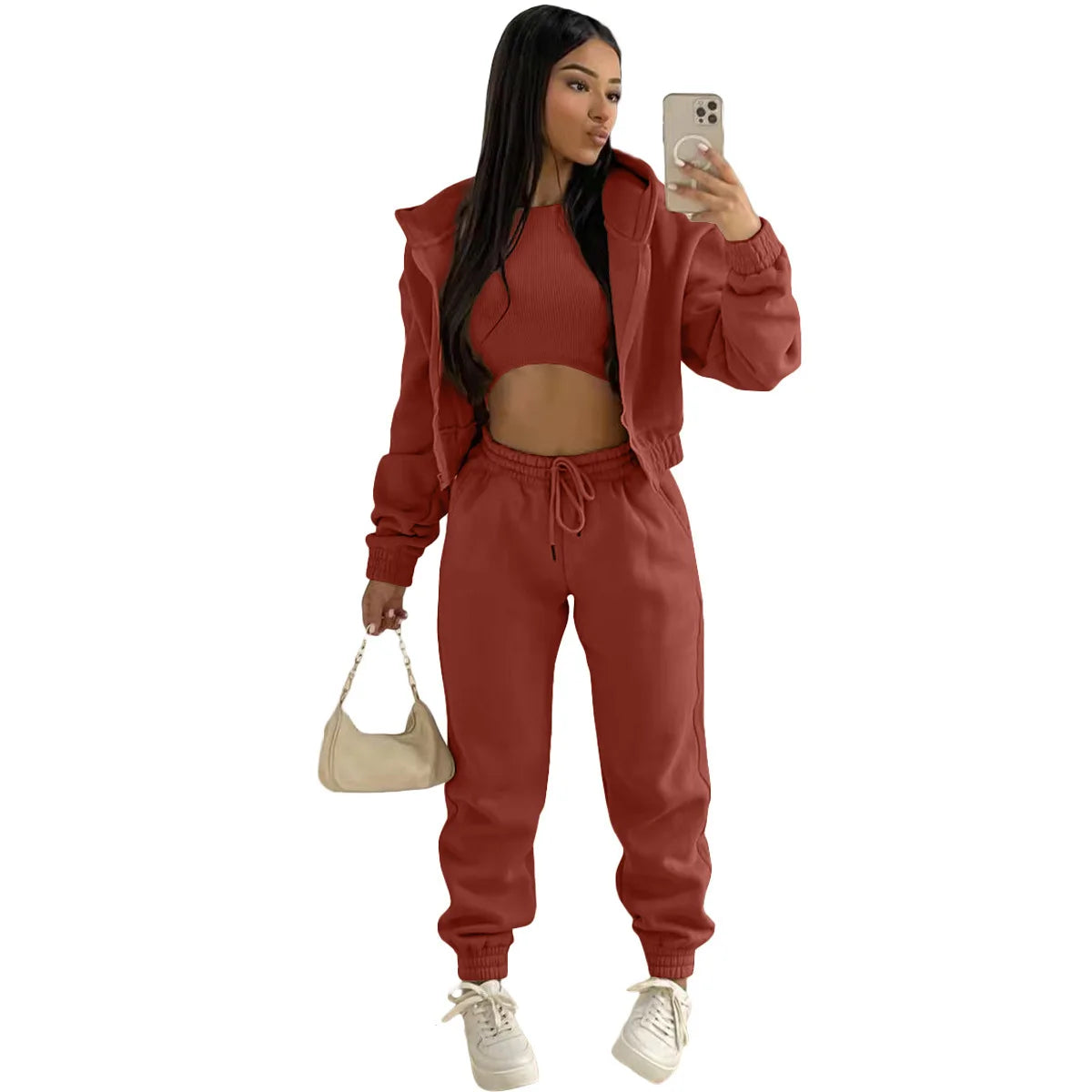 3pcs Ensemble de vêtements pour femmes Pull à capuche doublé de polaire , survêtement de sport