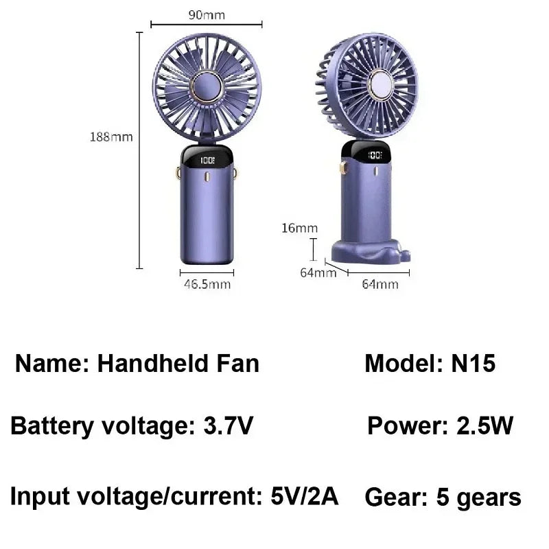 Ventilateur de cou portable avec support de téléphone et écran d'affichage, mini ventilateur pliable, aste par USB, 3000mAh