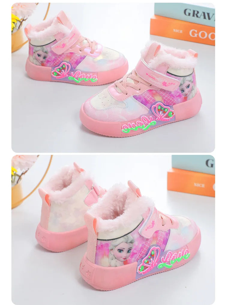 Disney Princess Elsa High Top Casual Board Shoes Automne et Hiver Pour Enfants Plus Chaussures de sport en peluche 7-13
