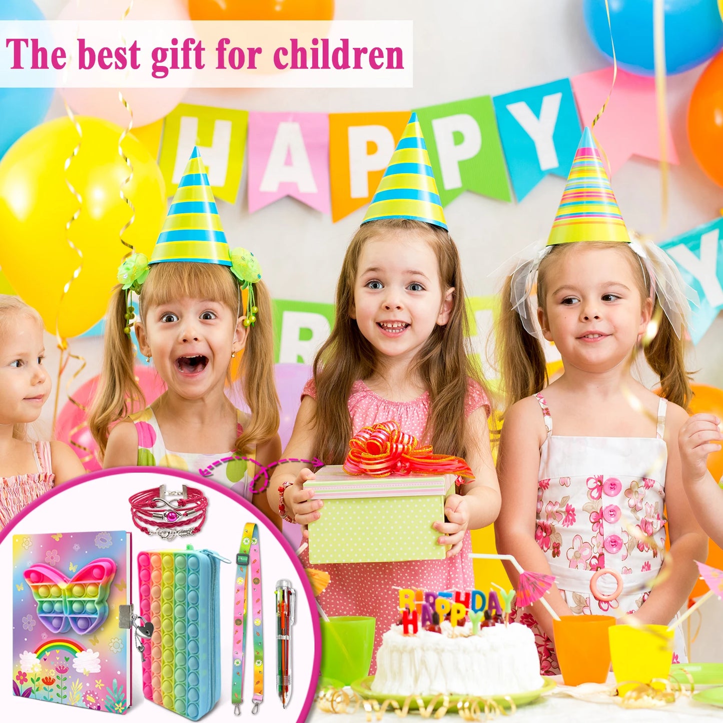 Cahier Pop pour Enfants, Fidget Journal Set Comprend Agenda avec serrure Bracelet de mode rose 6 Stylo à bille multicolore