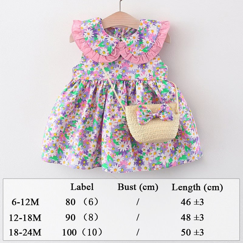 Robe Imprimée Intégrale Avec Des Fleurs Pour Enfant En Bas Âge Et Chapeau, Jolie Robe Sans Manches Avec Nœud Décoratif, Vêtements Pour Bébé Fille Pour L'été
