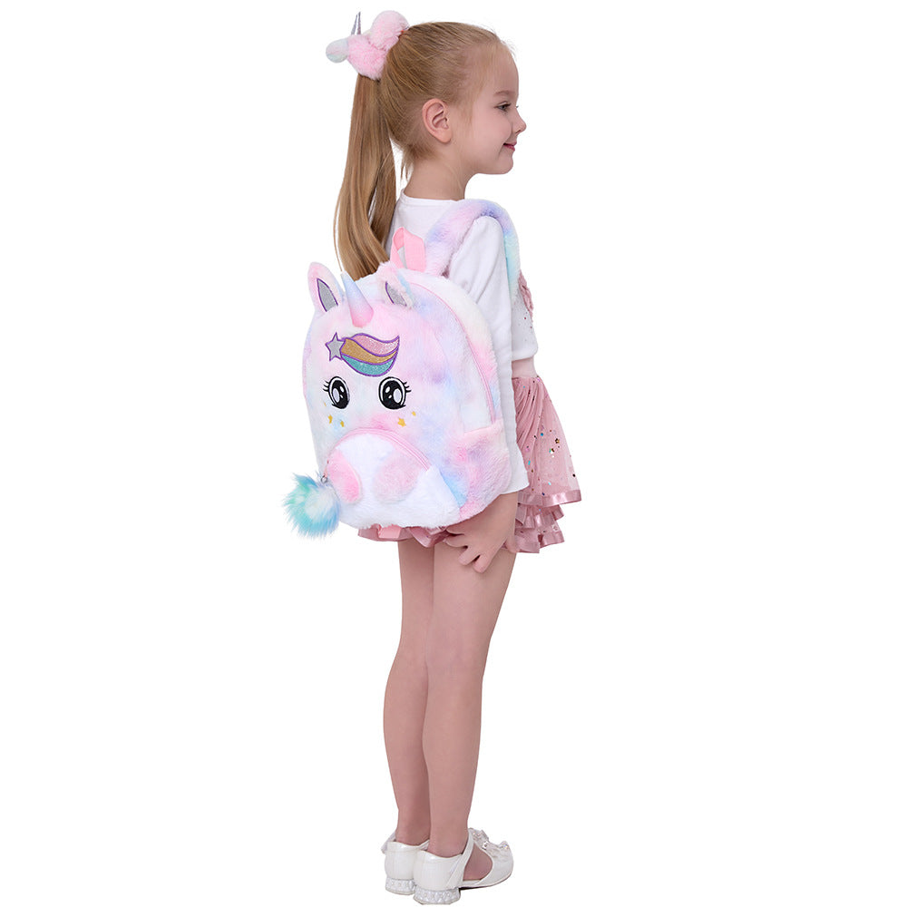 Sac à dos pour filles de maternelle Sac à dos en peluche de dessin animé licorne pour enfants avec de jolis grands yeux
