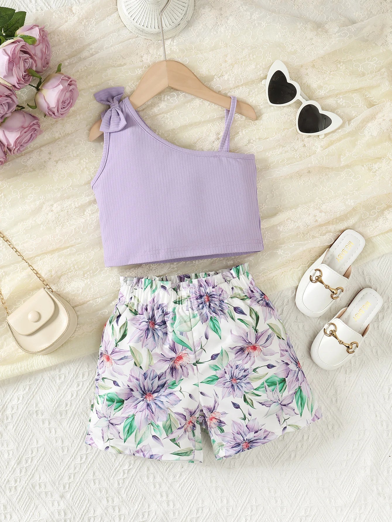 2 Pièces Filles Tenues été Ensemble Sans Manches Débardeurs Bow Tops + Floral Short Courte Violet 1ans -8 ans
