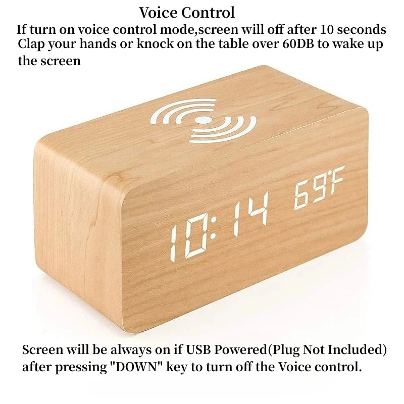 Réveil numérique en bois Charge sans fil Température Rendez-vous Mode nuit Horloge de table 3 Alarme 12 / 24H Horloge LED
