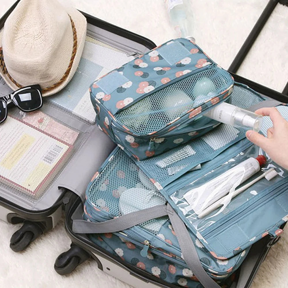 OrgaWise Trousse de Toilette Femme Pliable Étanche, Portable Trousse de Toilette Multifonction, Envoyer Un Joli Petit Sac (Daisy Bleu)