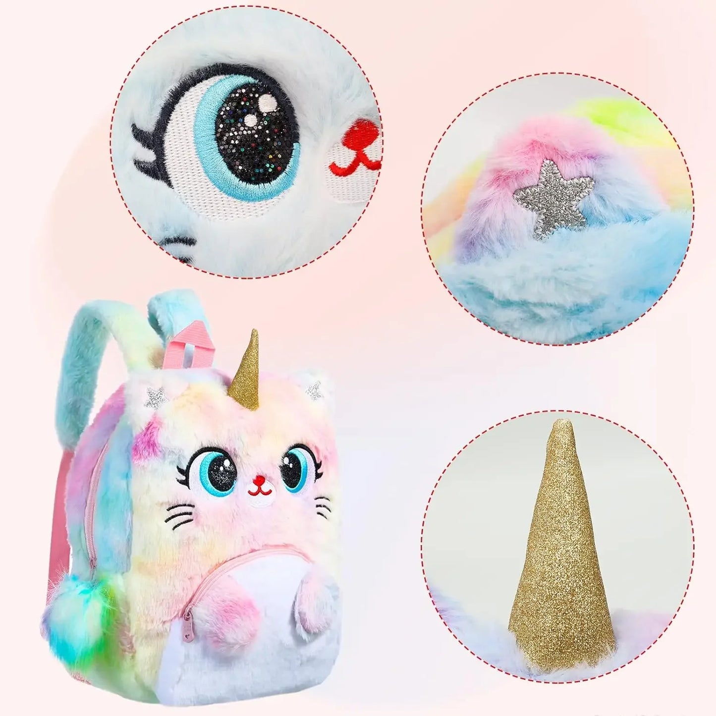 COSSIKA Plush Backpack Sac à Dos en Peluche de Chat de Grands Yeux pour Enfants Sac d'école de Bande dessinée Sac d'épaules de Teinture colorée pour Le Cadeau de Fille Utilisation