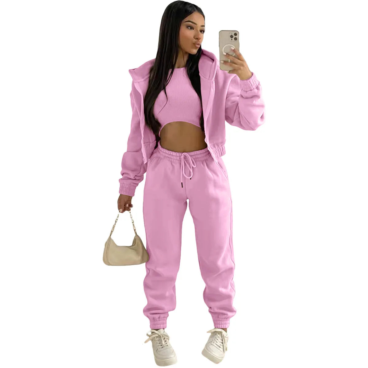 3pcs Ensemble de vêtements pour femmes Pull à capuche doublé de polaire , survêtement de sport