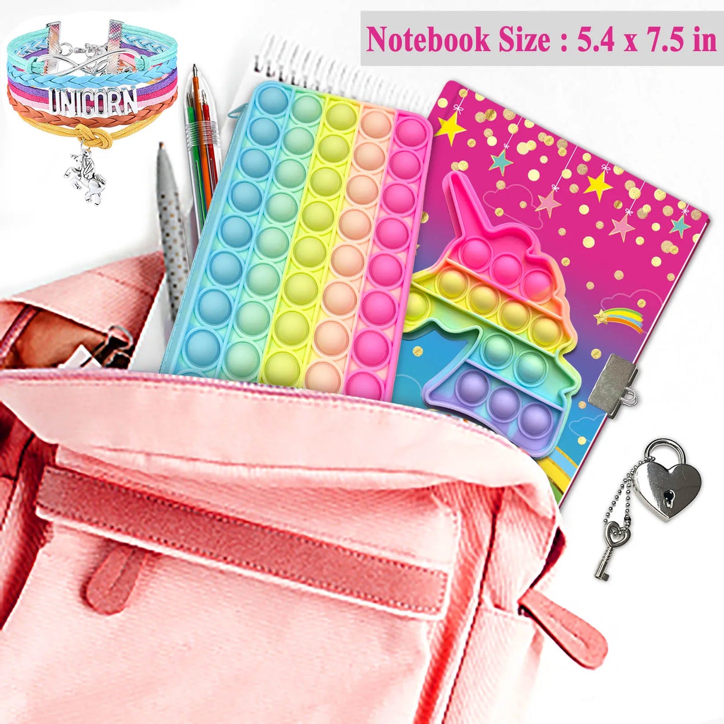 Cahier Pop pour Enfants, Fidget Journal Set Comprend Agenda avec serrure Bracelet de mode rose 6 Stylo à bille multicolore