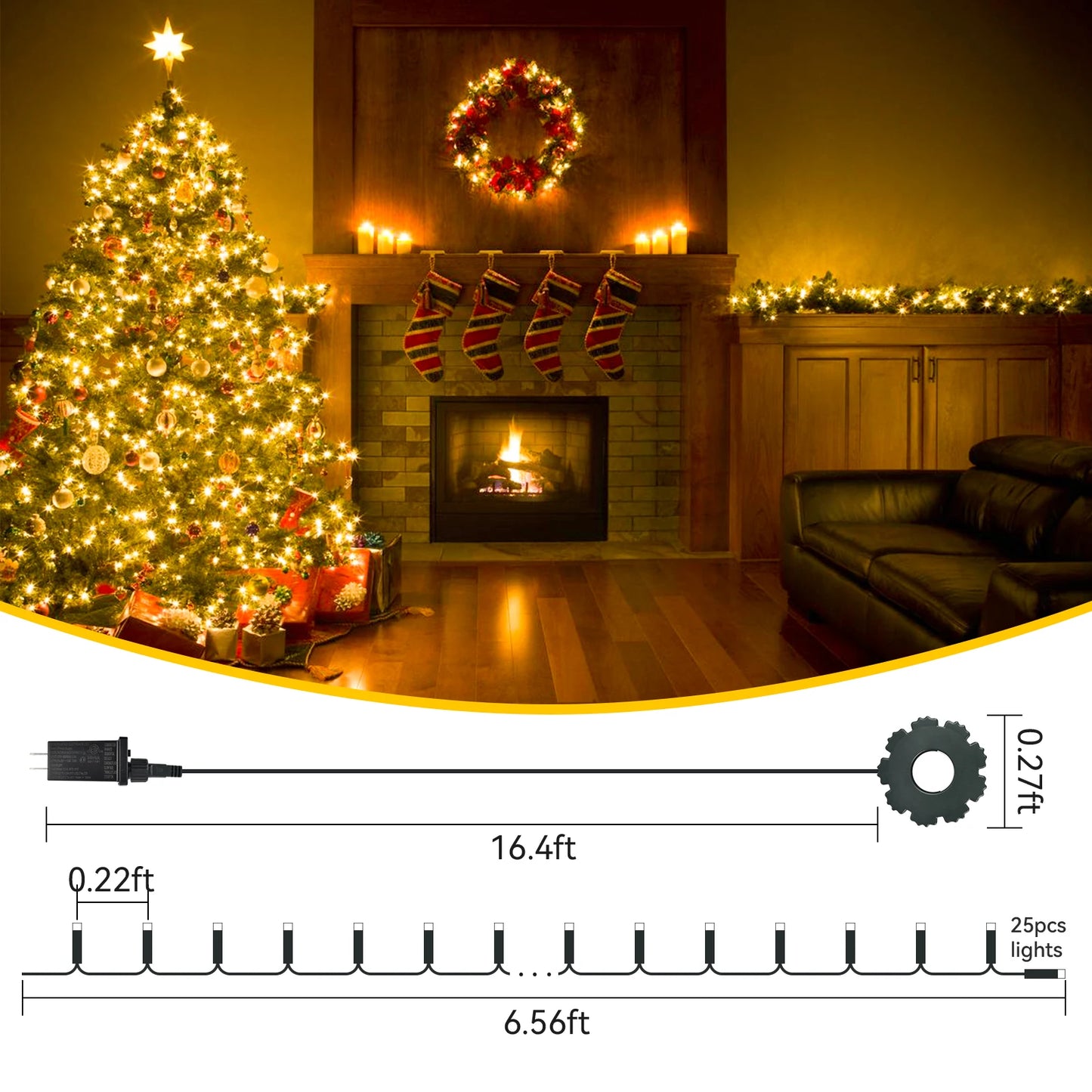 Guirlandes lumineuses de Noël à LED 8 modes d’éclairage Guirlandes lumineuses Lumières de Noël pour fêtes à la maison 400 LED