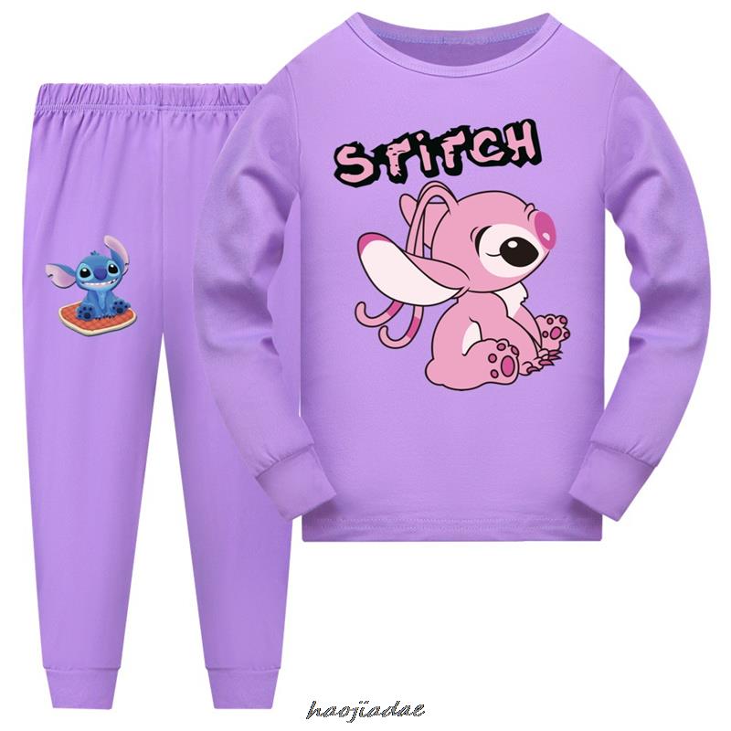 Ensembles de pyjamas en coton à manches longues pour enfants Stitch