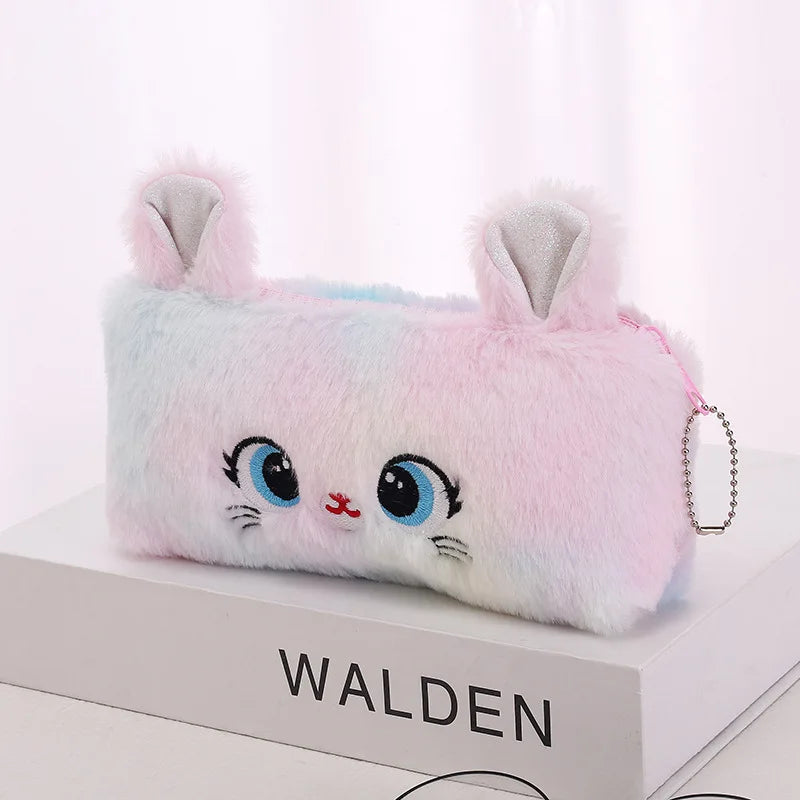 Étui à crayons en peluche kawaii Boîte à stylos mignonne Grande capacité pour les filles Sac de rangement Fournitures de bureau scolaires