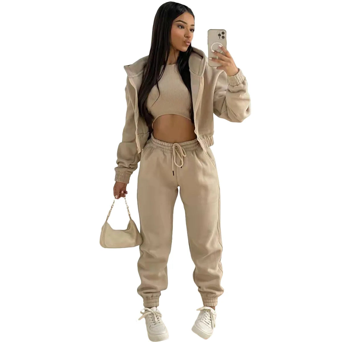 3pcs Ensemble de vêtements pour femmes Pull à capuche doublé de polaire , survêtement de sport
